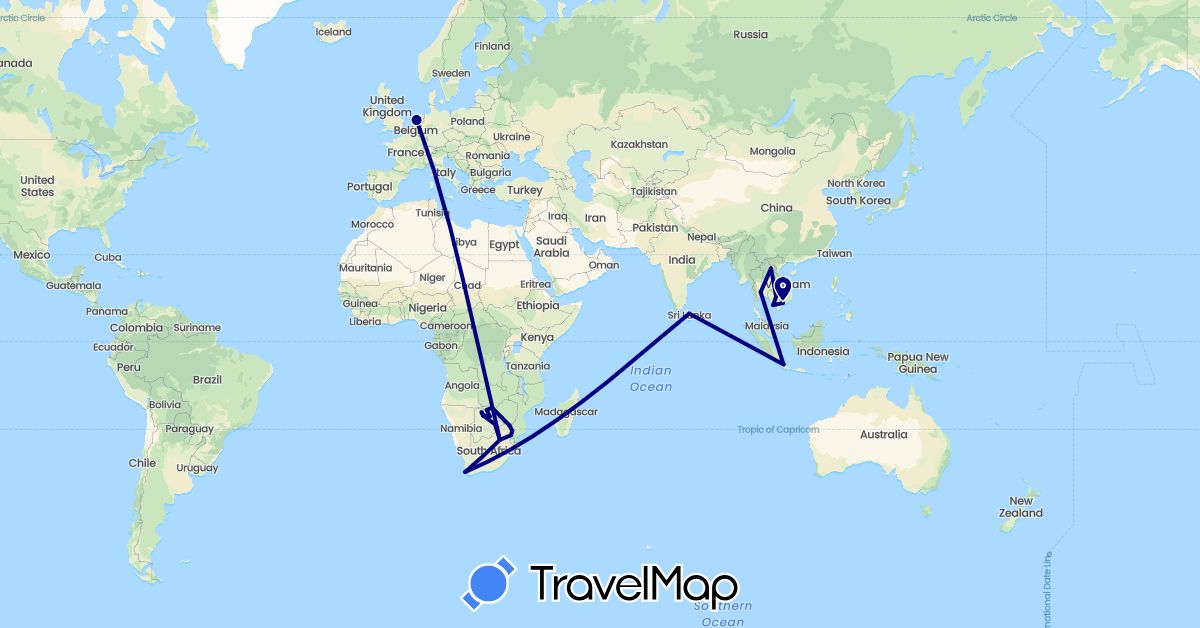 TravelMap itinerary: driving in Botswana, Indonesia, Laos, Sri Lanka, Netherlands, Thailand, Vietnam, South Africa, Zimbabwe (Africa, Asia, Europe)